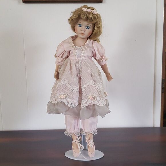 Pretty Vintage 17" Porcelain Doll with Metal Stand - Picture 3 of 13